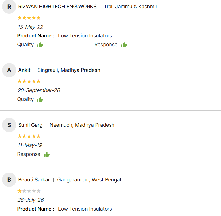 IndiaMART customer reviews for low tension insulators and related products